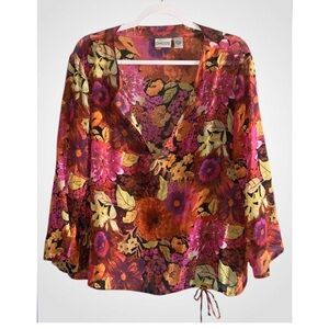 Chico's Pink, Yellow & Orange 3/4 Sleeve Drawstring Deep V Silk Flowy Blouse L